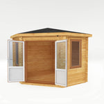 3m x 3m Corner Cabin - 44mm (UPVC Windows & Door) - Oak - Rogey