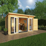 4.1m x 3m Studio Pent Log Cabin With Side Shed - 44mm (UPVC Windows & Door) - Grey - Rogey