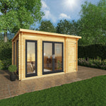 4.1m x 3m Studio Pent Log Cabin With Side Shed - 44mm (UPVC Windows & Door) - Grey - Rogey