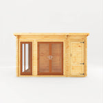 4.1m x 3m Studio Pent Log Cabin With Side Shed - 44mm (UPVC Windows & Door) - Oak - Rogey