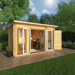 4.1m x 3m Studio Pent Log Cabin With Side Shed - 44mm (UPVC Windows & Door) - Oak - Rogey