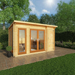 4.1m x 3m Studio Pent Log Cabin With Side Shed - 44mm (UPVC Windows & Door) - Oak - Rogey