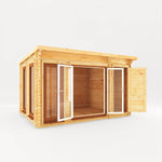 4.1m x 3m Studio Pent Log Cabin With Side Shed - 44mm (UPVC Windows & Door) - Oak - Rogey