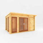 4.1m x 3m Studio Pent Log Cabin With Side Shed - 44mm (UPVC Windows & Door) - Oak - Rogey