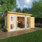 4.1m x 3m Studio Pent Log Cabin With Side Shed - 44mm (UPVC Windows & Door) - White - Rogey