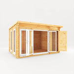 4.1m x 3m Studio Pent Log Cabin With Side Shed - 44mm (UPVC Windows & Door) - White - Rogey