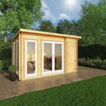 4.1m x 3m Studio Pent Log Cabin With Side Shed - 44mm (UPVC Windows & Door) - White - Rogey