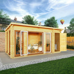 5.1m x 3m Studio Pent Log Cabin With Side Shed - 44mm (UPVC Windows & Door) - Oak - Rogey