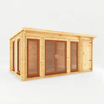 5.1m x 3m Studio Pent Log Cabin With Side Shed - 44mm (UPVC Windows & Door) - Oak - Rogey