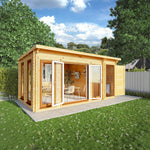 5.1m x 3m Studio Pent Log Cabin With Side Shed - 44mm (UPVC Windows & Door) - Oak - Rogey