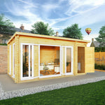 5.1m x 3m Studio Pent Log Cabin With Side Shed - 44mm (UPVC Windows & Door) - White - Rogey