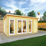 5.1m x 3m Studio Pent Log Cabin With Side Shed - 44mm (UPVC Windows & Door) - White - Rogey