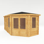 5m x 3m Corner Lodge Log Cabin With Side Shed - 28mm - Rogey