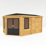 5m x 3m Corner Lodge Log Cabin With Side Shed - 44mm (UPVC Windows & Door) - Grey - Rogey