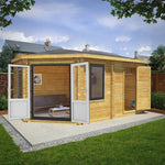 5m x 3m Corner Lodge Log Cabin With Side Shed - 44mm (UPVC Windows & Door) - Grey - Rogey