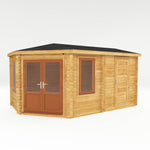 5m x 3m Corner Lodge Log Cabin With Side Shed - 44mm (UPVC Windows & Door) - Oak - Rogey