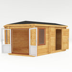 5m x 3m Corner Lodge Log Cabin With Side Shed - 44mm (UPVC Windows & Door) - Oak - Rogey