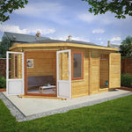 5m x 3m Corner Lodge Log Cabin With Side Shed - 44mm (UPVC Windows & Door) - Oak - Rogey