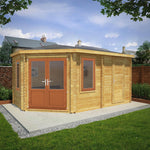 5m x 3m Corner Lodge Log Cabin With Side Shed - 44mm (UPVC Windows & Door) - Oak - Rogey