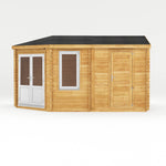 5m x 3m Corner Lodge Log Cabin With Side Shed - 44mm (UPVC Windows & Door) - White - Rogey