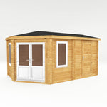 5m x 3m Corner Lodge Log Cabin With Side Shed - 44mm (UPVC Windows & Door) - White - Rogey