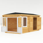 5m x 3m Corner Lodge Log Cabin With Side Shed - 44mm (UPVC Windows & Door) - White - Rogey