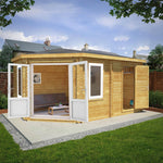 5m x 3m Corner Lodge Log Cabin With Side Shed - 44mm (UPVC Windows & Door) - White - Rogey