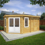 5m x 3m Corner Lodge Log Cabin With Side Shed - 44mm (UPVC Windows & Door) - White - Rogey