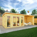 7m x 3m Studio Pent Log Cabin With Patio Area - 28mm - Rogey