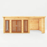 7m x 3m Studio Pent Log Cabin With Patio Area - 44mm (UPVC Windows & Door) - Oak - Rogey