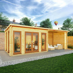 7m x 3m Studio Pent Log Cabin With Patio Area - 44mm (UPVC Windows & Door) - Oak - Rogey