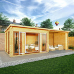 7m x 3m Studio Pent Log Cabin With Patio Area - 44mm (UPVC Windows & Door) - Oak - Rogey