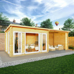 7m x 3m Studio Pent Log Cabin With Patio Area - 44mm (UPVC Windows & Door) - White - Rogey