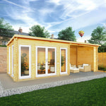 7m x 3m Studio Pent Log Cabin With Patio Area - 44mm (UPVC Windows & Door) - White - Rogey