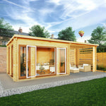 7m x 3m Studio Pent Log Cabin With Slatted Area - 44mm (UPVC Windows & Door) - Oak - Rogey