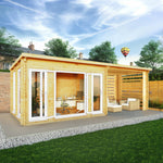 7m x 3m Studio Pent Log Cabin With Slatted Area - 44mm (UPVC Windows & Door) - White - Rogey