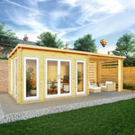 7m x 3m Studio Pent Log Cabin With Slatted Area - 44mm (UPVC Windows & Door) - White - Rogey