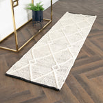 Cream & Black Diamond Pattern Runner Wool Rug (60 x 230cm) - Rogey