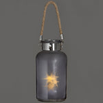 Frosted Grey Glass Lantern with Rope Detail and LED - Rogey