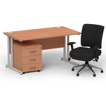 Impulse 1400mm Cantilever Straight Desk With Mobile Pedestal and Chiro Medium Back Black Operator Chair - Rogey