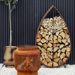 Leaf on Stand Sculptural Log Storage Natural Rust H124cm W70cm - Rogey