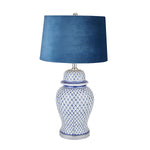 Malabar Blue And White Ceramic Lamp With Blue Velvet Shade - Rogey