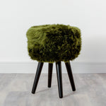 Olive Green Sheepskin Wood Stool - Black - Rogey