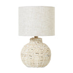 White Wash Small Bulbous Wicker Table Lamp With Linen Shade - Rogey